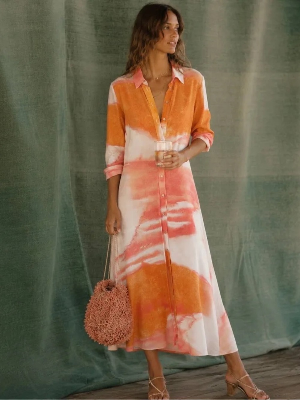 Anthropologie Dolan Cora Shirtdress Maxi Dress Orange Pink Watercolor size 4
